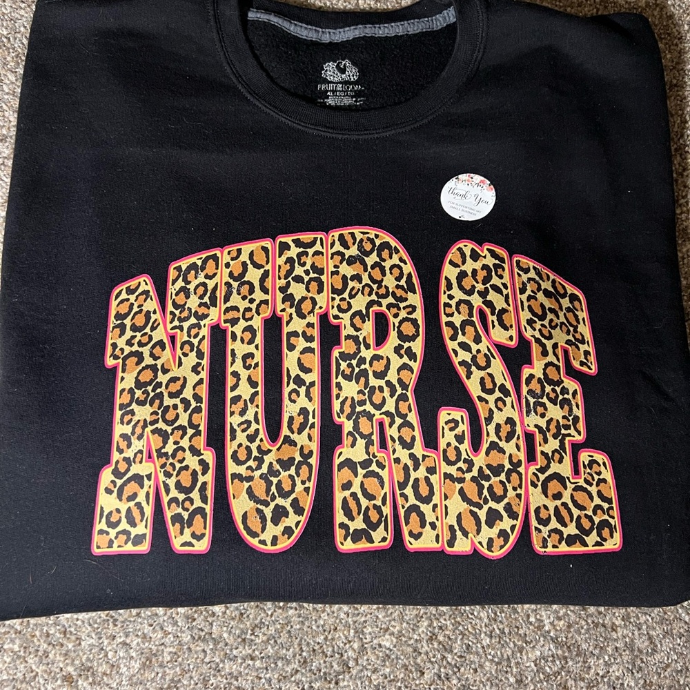 Fruit of the Loom Black Sweater with Leopard Print 'NURSE' Design